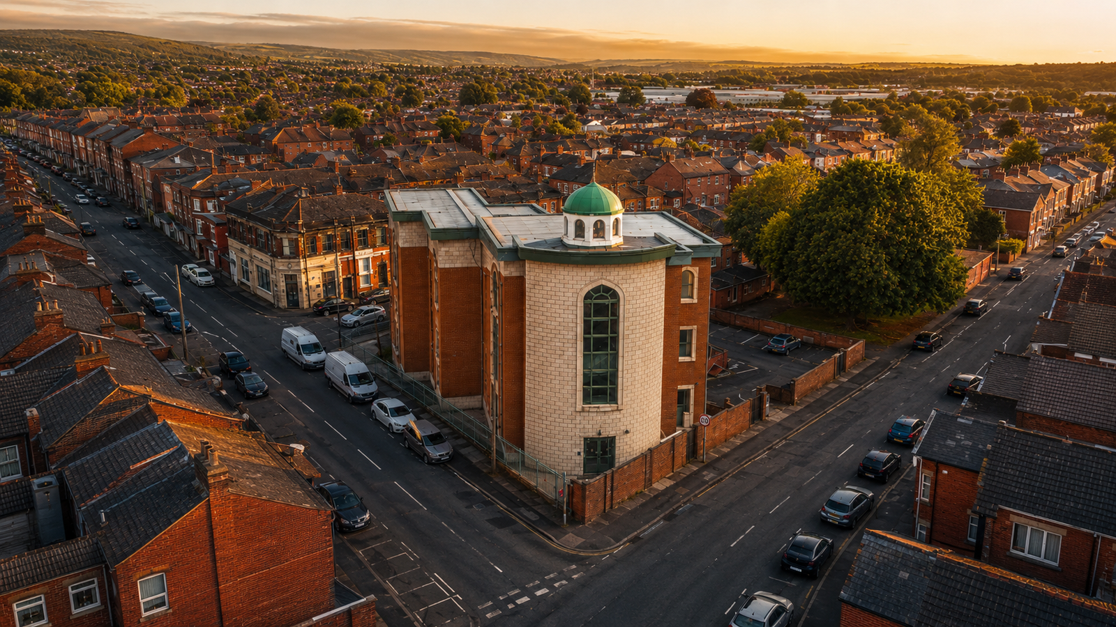 Aerial view of Makki Masjid and the surrounding Bolton neighbourhood